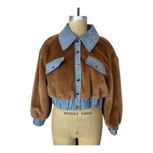 Athina 90’s Style Faux Brown  Fur and Denim Cropped BomberJacket
